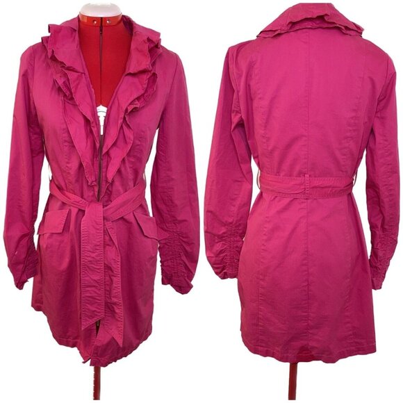 Willi Smith Pink Ruffle Trench Coat Small Belted Zip Front Cotton Jacket - Picture 2 of 13